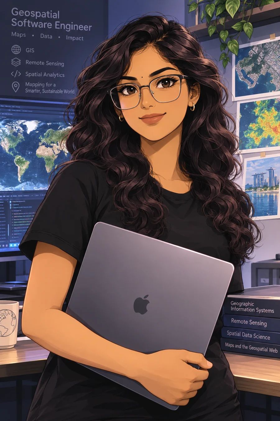 Illustration of Aishwarya Elango working in geospatial software engineering