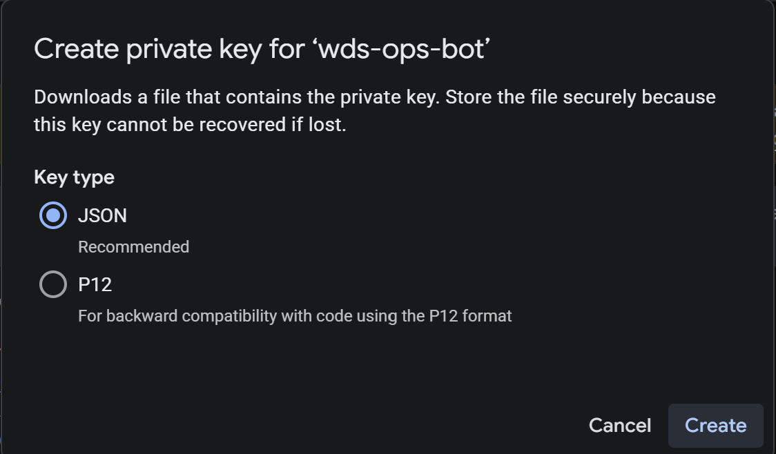 Creating a private key for the service account