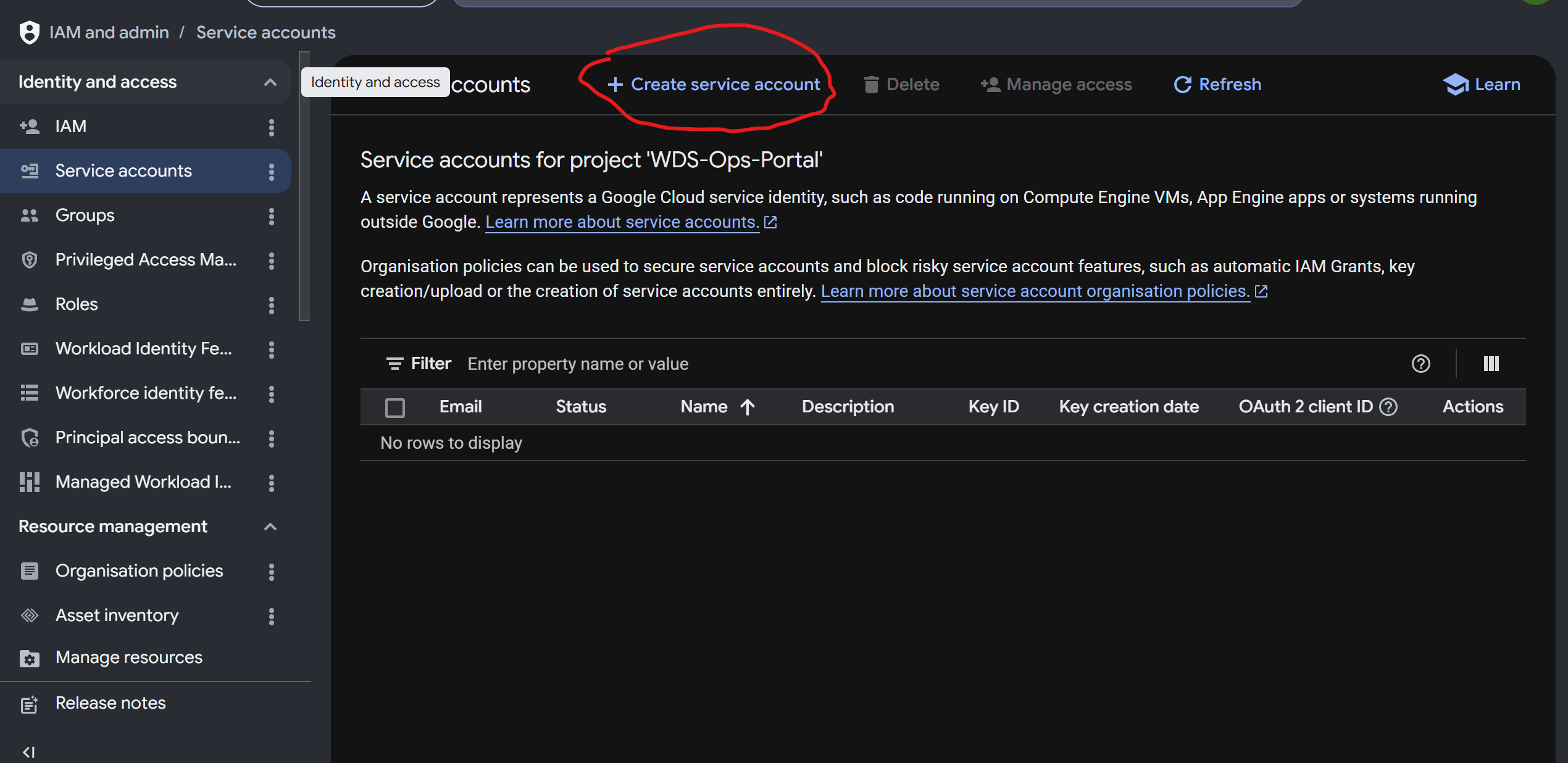Creating a Google Cloud service account