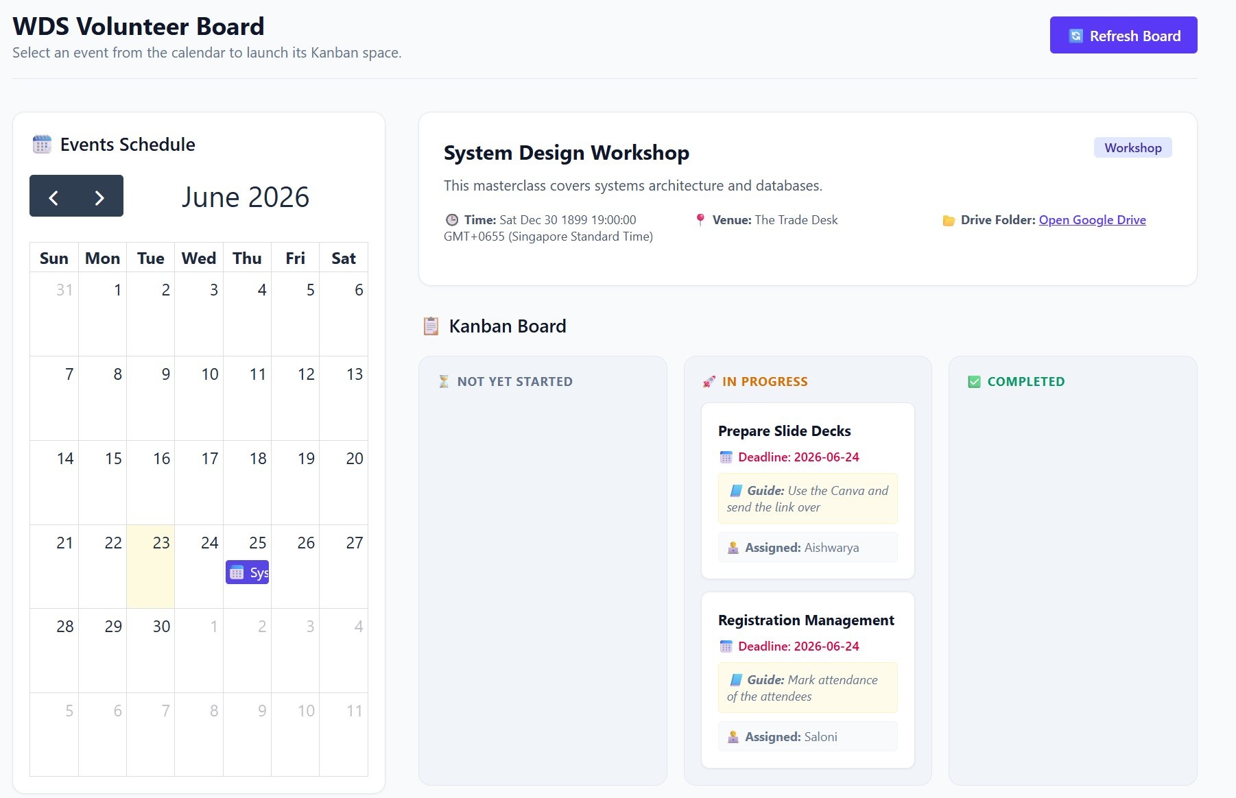 Volunteer task board with calendar and Kanban columns